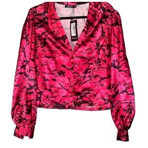Nasty Gal puff sleeve vintage print pink &‎ black silky blouse 6 NWT